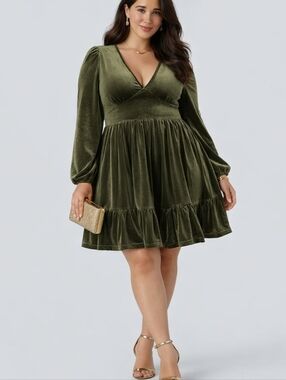 NWT HALARA Everyday Deep V Neck Long Sleeve Green Velvet Dress 3XL Plus Size